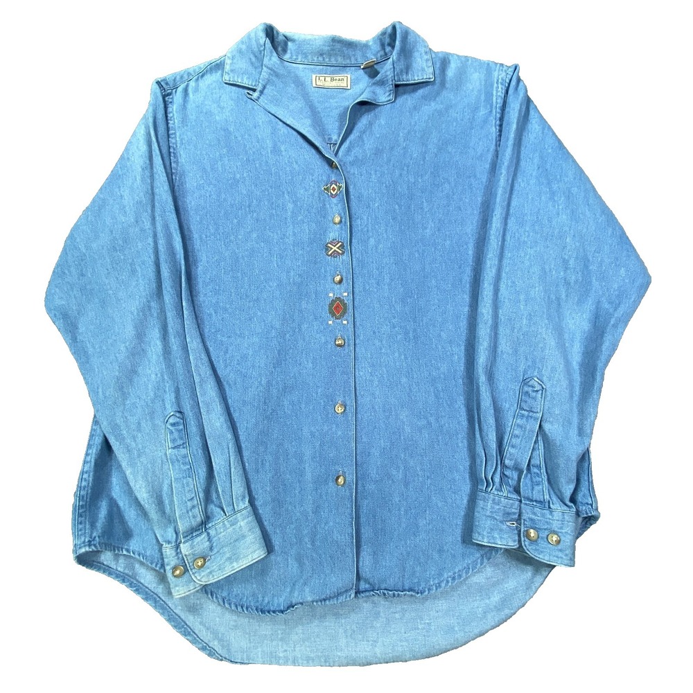 Vintage LL Bean Chambray Shirt Women 12/XL Embroidery Western Cottagecore Cotton